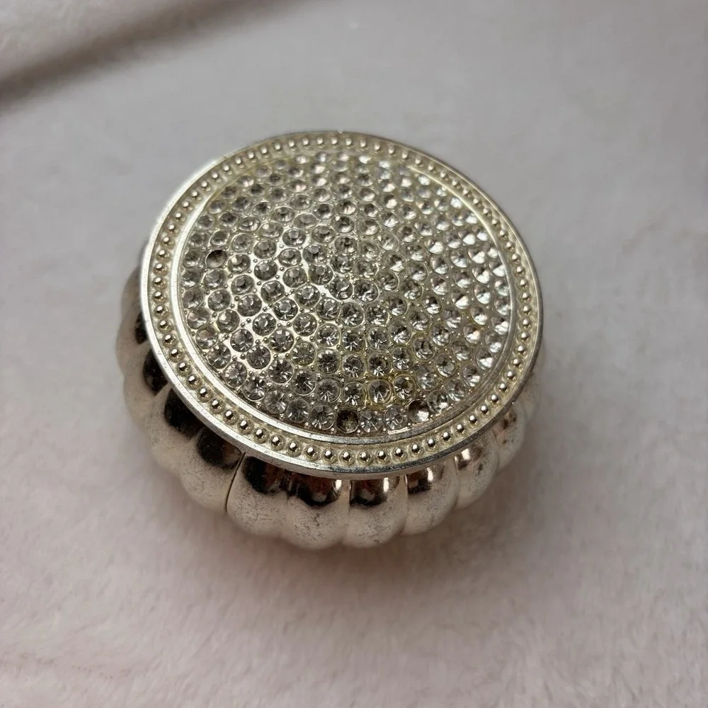 Vintage Silvertone Ribbed Round Trinket Box Rhinestone Lid Velvet Lined As Is